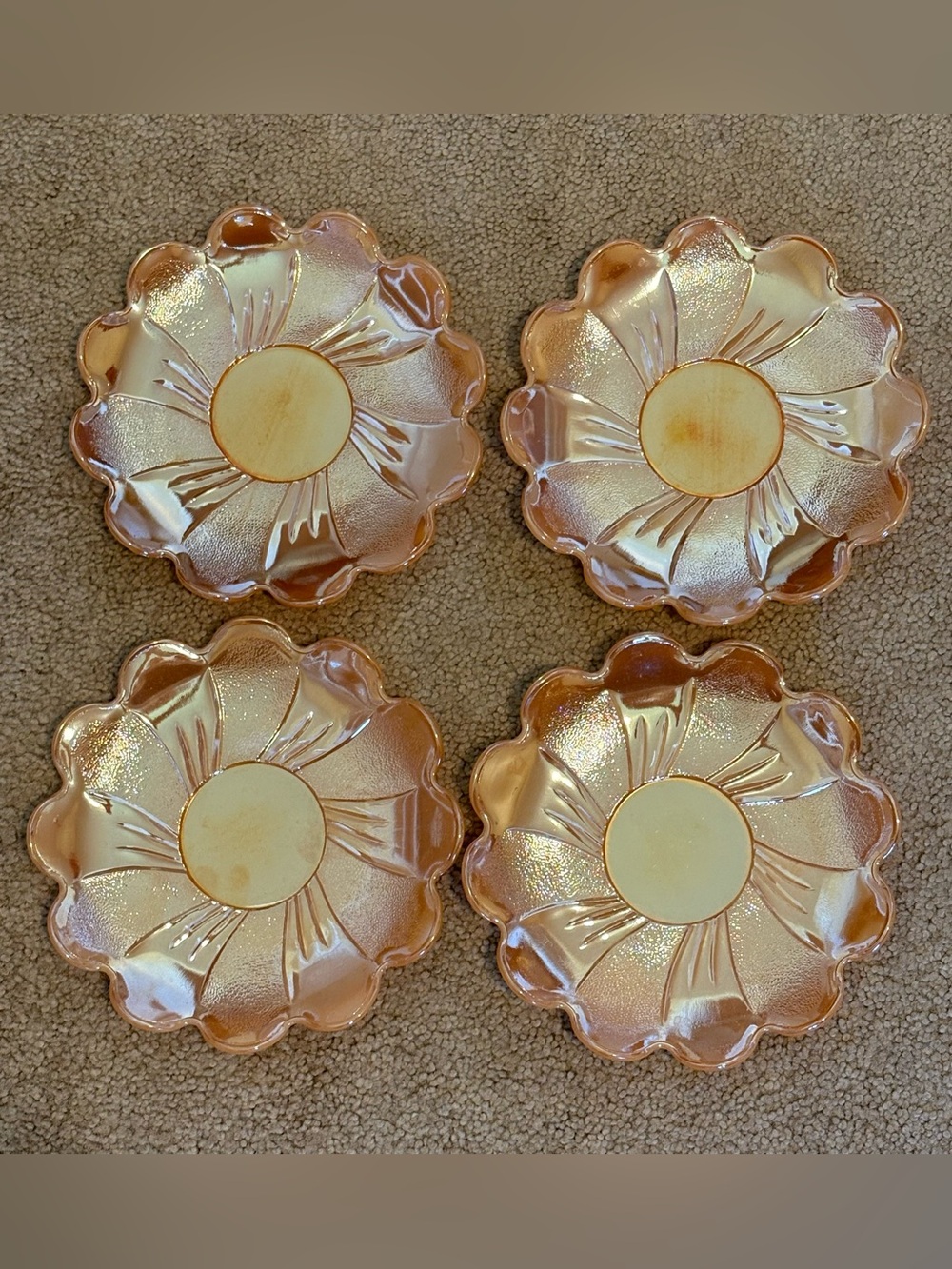 Vtg Fire-King Peach Luster Flower Plate Set 4 Anchor Hocking Iridescent 6.5" MCM